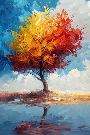 Colorful tree reflection canvas art with vibrant red, yellow, and blue tones on water in frameless design