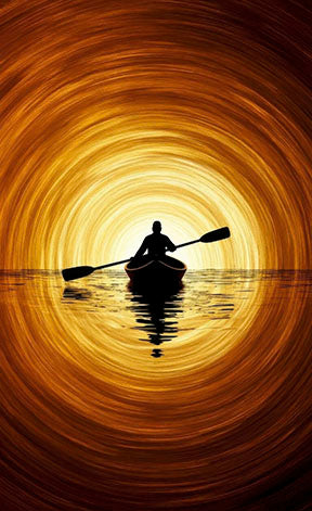 Golden Journey Canoe Canvas Art silhouette of canoeist on calm water with glowing golden horizon