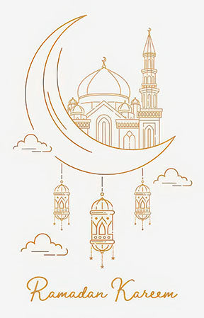 Ramadan Kareem Mosque canvas art with golden mosque and crescent moon illustration and hanging lanterns on ivory background