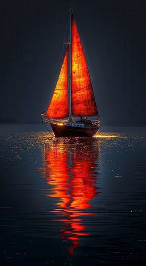Crimson Sail Reflection Canvas showing glowing crimson-sailed sailboat reflecting on calm night water