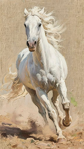 Majestic white horse in motion on neutral toned canvas with MDF frame and glass front panel