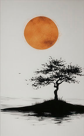 Minimalist Tree & Sun Canvas Wall Art with solitary tree, warm sun, and water reflection in modern MDF frame