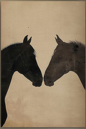 Minimalist horses silhouette artwork on warm neutral canvas with MDF frame and glass front panel