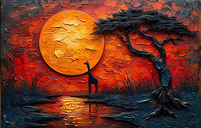 African sunset giraffe silhouette on bold textured canvas with red and orange tones