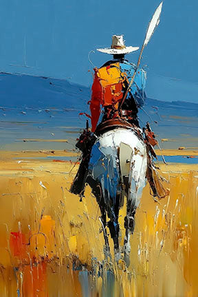Lone Rider Abstract Canvas Art of rider crossing golden landscape under blue sky in modern MDF frame