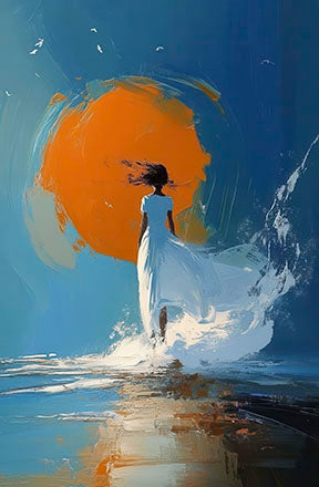Woman walking in shallow water at sunset on canvas artwork with MDF frame