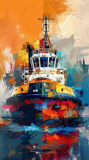 Colorful abstract tugboat canvas art with expressive brush strokes in MDF frame, perfect for modern coastal decor