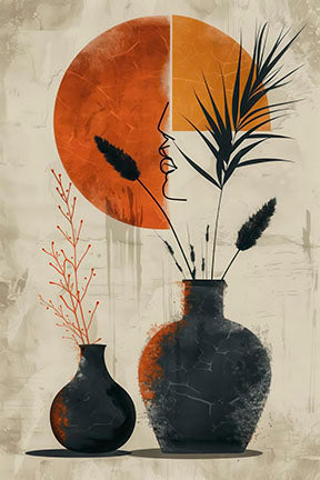 Modern abstract canvas art with minimalist vases, organic leaves, and warm sun circle in neutral tones