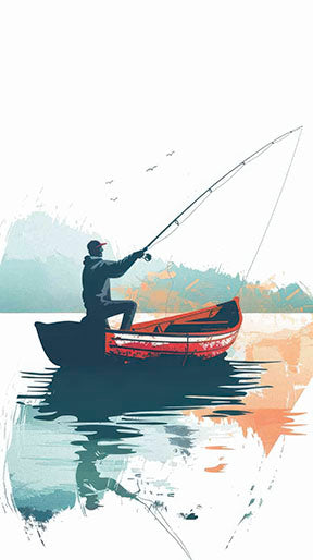 Minimalist fisherman boat canvas art with serene lone fisherman and soft reflections on water