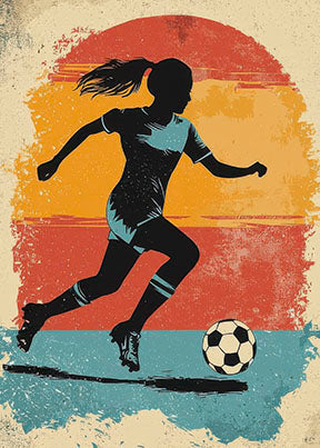 Vintage soccer girl silhouette canvas artwork with retro sunset background