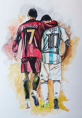 Watercolor-style Ronaldo & Messi Legacy Canvas with MDF frame and glass front panel, showcasing legendary football rivalry and friendship