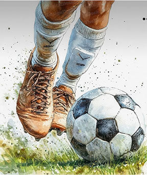 Dynamic watercolor football moment canvas art with detailed boots and ball in motion on premium framed canvas