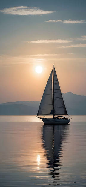 Serene sailboat sunset on calm waters canvas art with MDF frame and glass front