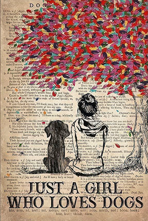 Heartwarming Girl & Dog Canvas Wall Art with vintage-style colorful abstract tree on premium canvas