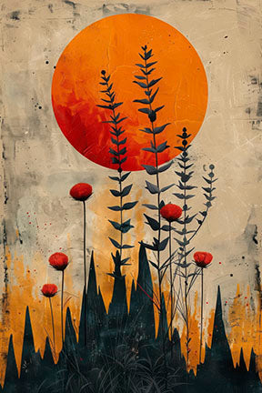 Abstract botanical sunset canvas with silhouettes on warm colorful background