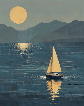 Moonlit sailboat gliding on calm water under glowing moon on premium canvas