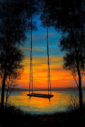 Sunset swing canvas wall art with wooden swing between trees over calm water at sunset