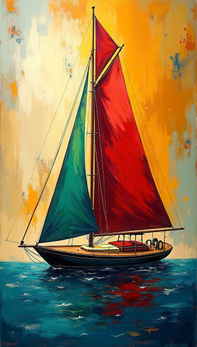 Colorful sailboat with red and teal sails abstract canvas on MDF frame