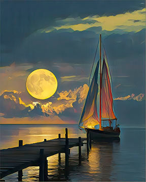 Moonlit sailboat resting by wooden pier under full moon on premium canvas