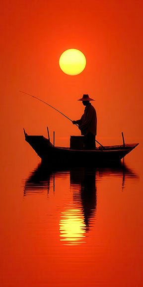 Minimalist Sunset Fisherman Silhouette canvas with glowing red sunset and MDF frame