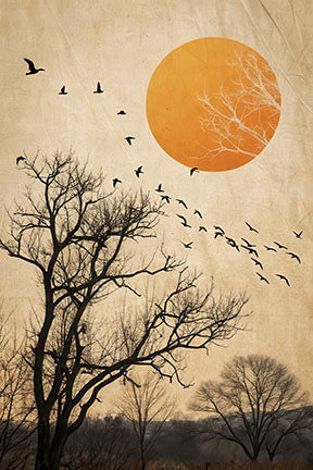 Minimalist canvas with golden sun, bare trees, and flying birds in warm neutral tones