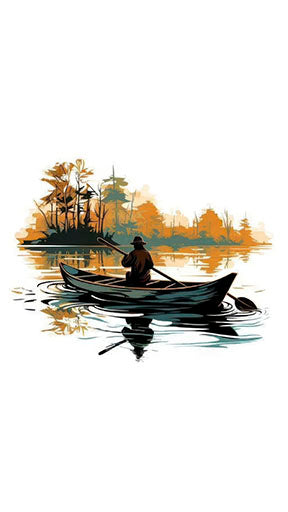 Minimalist rowboat reflection on calm water with autumn tree reflections on canvas print