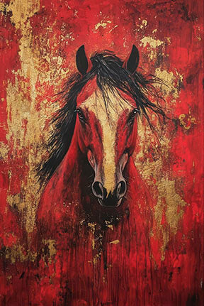 Red horse abstract canvas with gold textures on premium canvas in MDF frame