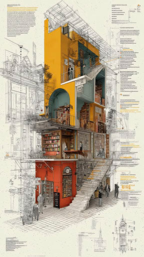 Architectural blueprint art canvas with detailed sketches and warm modern colors in MDF frame