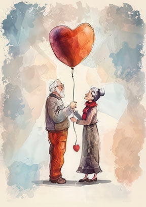 Watercolor canvas of elderly couple sharing moment under Eternal Love Heart Balloon with MDF frame and glass front