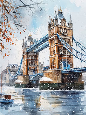 Watercolor canvas of Tower Bridge in winter with snowfall and soft tones