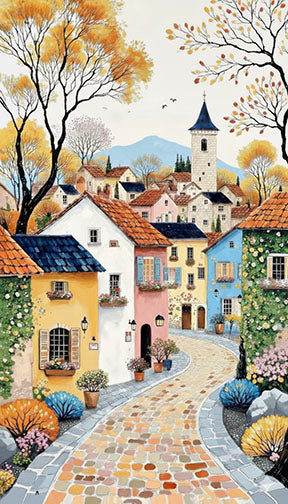 Autumn Village Street canvas wall art of colorful European houses and cobblestone street in warm autumn tones