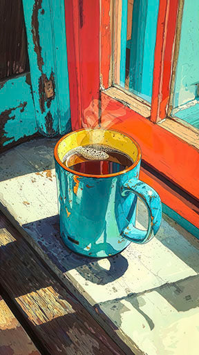 Morning Coffee canvas wall art showing a vibrant coffee cup by a sunlit window with rich colors and bold brush strokes