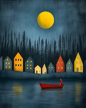 Moonlit Village Lake canvas wall art with glowing moon, calm water reflection, and red boat on premium canvas