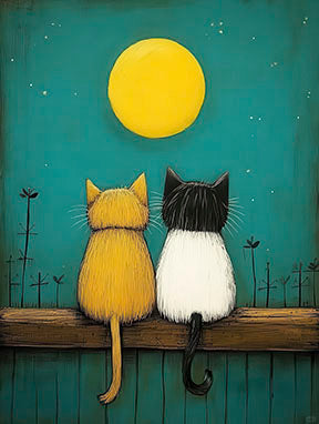 Whimsical Cats Under the Moon canvas wall art with two cats gazing at glowing moon on teal night sky