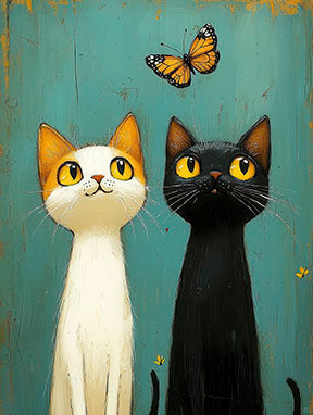 Two curious cats looking at a butterfly on teal textured canvas wall art with MDF frame and glass front