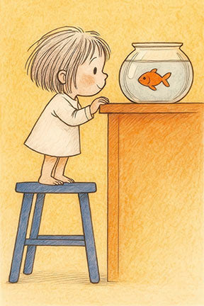 Curious child on stool watching goldfish in bowl canvas wall art with soft colors and warm style