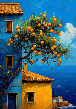 Mediterranean orange tree canvas wall art with coastal houses and blue sea background on premium canvas