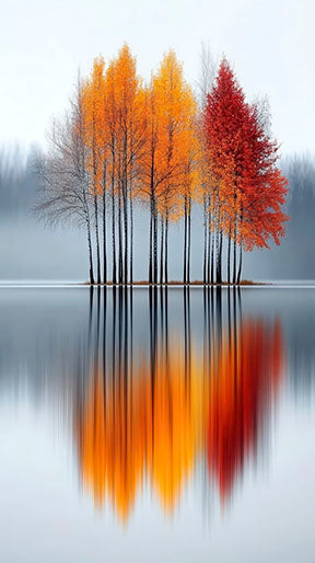 Autumn trees reflection on calm water canvas wall art with warm fall colors