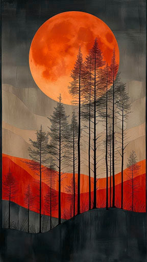 Crimson moon rising over a quiet forest on premium canvas wall art with deep red and charcoal tones
