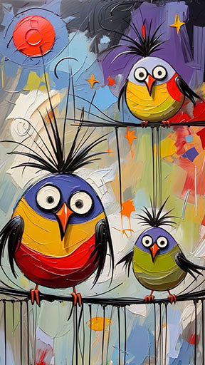 Colorful birds abstract canvas wall art with three whimsical birds in bold colors on premium canvas
