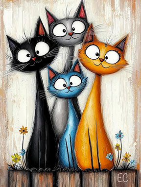 Colorful playful cat family illustration on premium canvas wall art