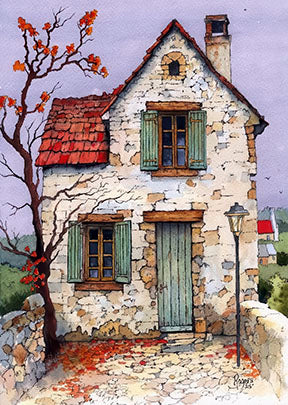 Charming stone cottage canvas artwork with rustic textures and soft pastel skies on premium canvas