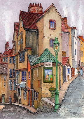 European street watercolor canvas art with charming old buildings and warm earthy tones on premium canvas with MDF frame