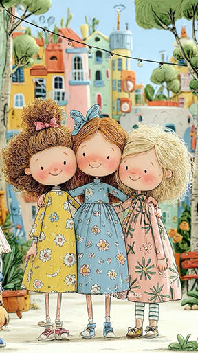 Cute girls illustration on premium canvas wall art with pastel colors and MDF frame
