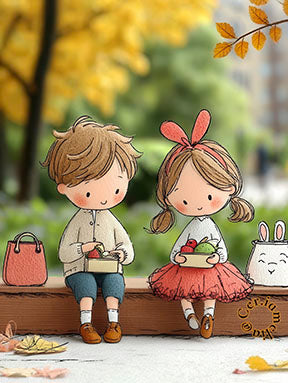 Cute kids autumn illustration canvas art with two children enjoying fall, soft colors, premium canvas in MDF frame