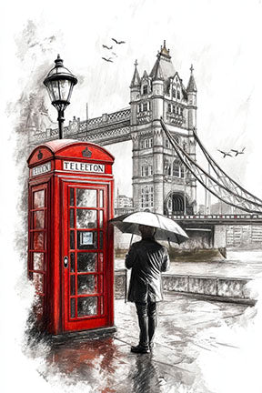 London red telephone booth watercolor canvas art with Tower Bridge background
