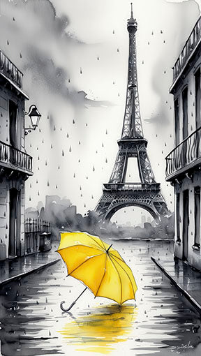 Monochrome Paris Eiffel Tower canvas art with yellow umbrella on rainy street