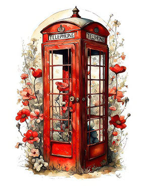 Watercolor canvas art of red telephone booth with floral accents in MDF frame