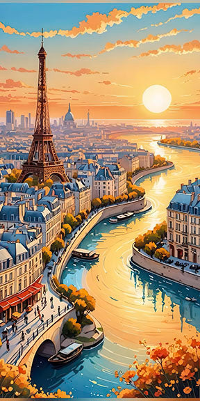 Paris Sunset Eiffel Tower canvas art with Seine River in warm golden and blue tones