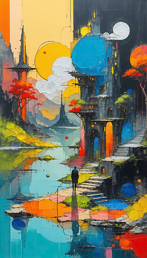 Colorful abstract cityscape artwork on premium canvas with vibrant geometric shapes and reflective water elements